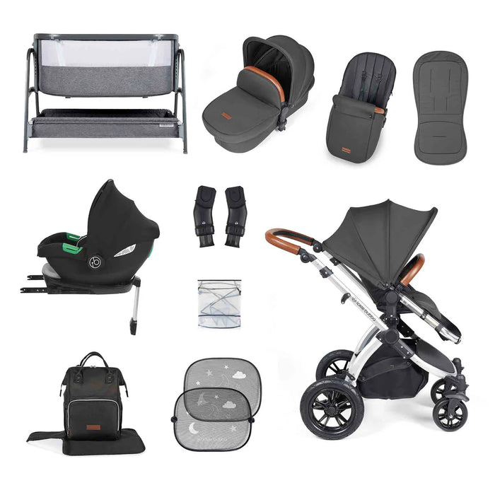 Ickle Bubba Stomp Luxe i-Size Travel System with Cirrus Car Seat & Base - Charcoal Grey Silver - FREE BUBBA & ME BEDSIDE CRIB